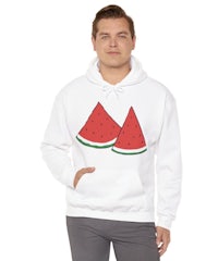 a man wearing a white watermelon hoodie