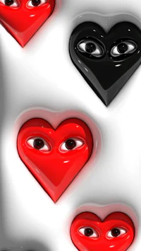 black and red hearts with eyes on them