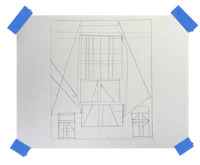 a drawing of a building with tape on it