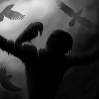 a black and white drawing of a person with crows flying around him