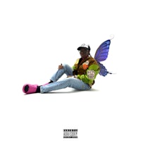 a man sitting on the ground with a butterfly on his head