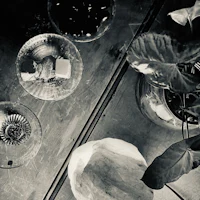 a black and white photo of a table with vases and a plant
