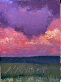 an oil painting of purple clouds over a field