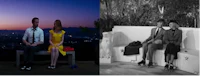 two pictures of a man and woman sitting on a bench