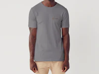 a man wearing a grey t - shirt with a gold logo