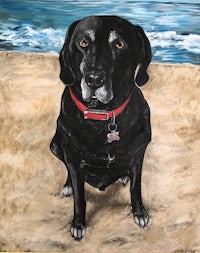 a painting of a black lab sitting on the beach