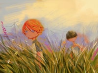 a painting of two people in tall grass