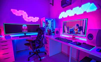 a room with a computer desk, monitors, and lights