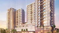 an artist's rendering of an apartment building at dusk