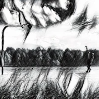 a black and white drawing of a man on a skateboard