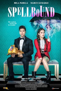 a poster for spellbound with two people sitting on a bench