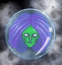 an illustration of a woman with purple hair in a glass bubble