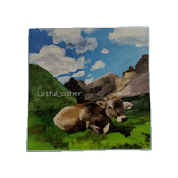 a painting of a cow laying in the grass