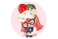 a girl with glasses and a cupcake hat holding a black cat