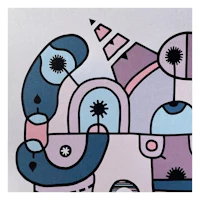 a drawing of an elephant with a pink, blue, and purple background