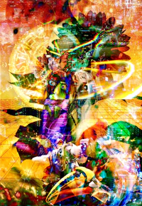 a colorful painting of a man with a sword
