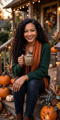 a black woman sitting on a porch with pumpkins and a cup of coffee