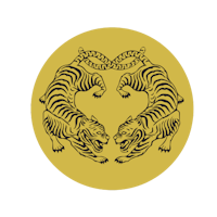 a gold and black logo with two tigers on it