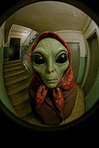an alien wearing a red scarf in a circular mirror