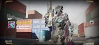 a character in a game with a gun in front of a container