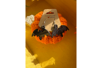 a pair of black bat earrings sitting on a pumpkin