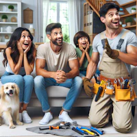 a group of people sitting on a couch with a dog