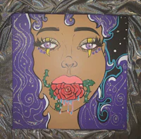 a painting of a woman with purple hair and a rose
