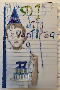 a drawing of a boy holding a birthday cake