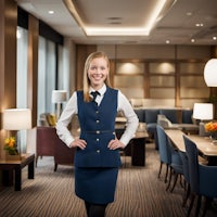 a young woman in a uniform standing in a hotel lobby