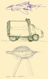 a sketch of a truck, a plane and a spaceship
