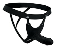 a black sex harness with a hook on it