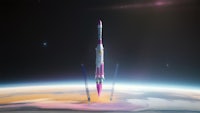 an artist's rendering of a pink and white rocket