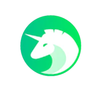 a green and white unicorn logo on a black background