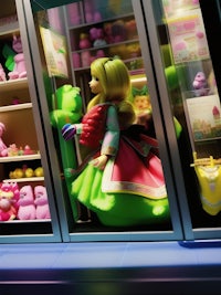a girl in a pink dress is standing in front of a refrigerator