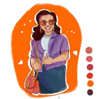 a drawing of a woman with sunglasses and a purse