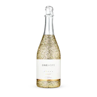 a bottle of champagne with gold glitter on a black background