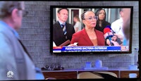 nbc news tv screen showing a woman talking to reporters