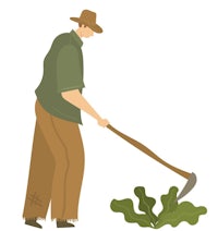 a man with a rake and a shovel