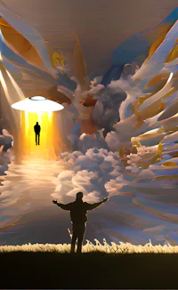a man standing in a field with a flying saucer in the sky