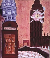 a painting of a telephone booth and big ben in london