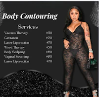 a woman in a black bodycon suit with the words body contouring services