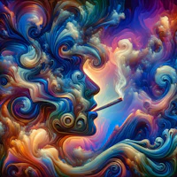 a psychedelic painting of a woman smoking a cigarette
