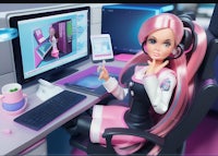 a barbie doll sitting in front of a computer