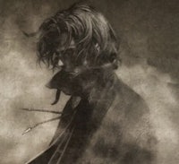 a black and white drawing of a man with long hair