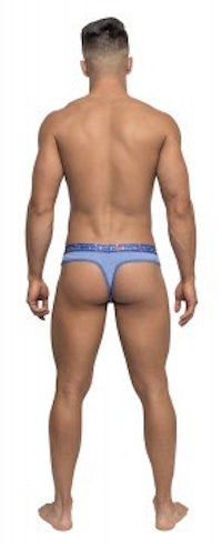 the back view of a man wearing a blue thong