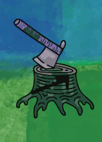 a cartoon image of a tree stump with an axe in it