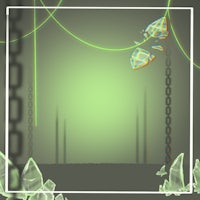 a green background with a chain and some crystals