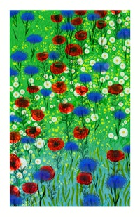 a painting of red and blue flowers in a field