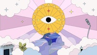 an illustration of an all seeing eye in the clouds