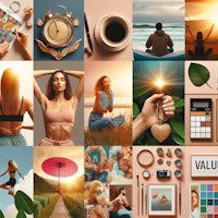 a collage of photos with a woman and a clock